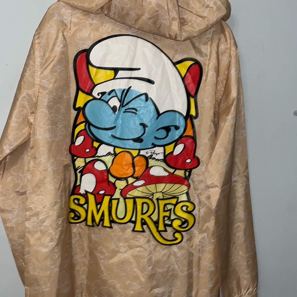NWT Smurfs Unisex Hooded Windbreaker Kangaroo Pocket Rain Jacket Lightweight